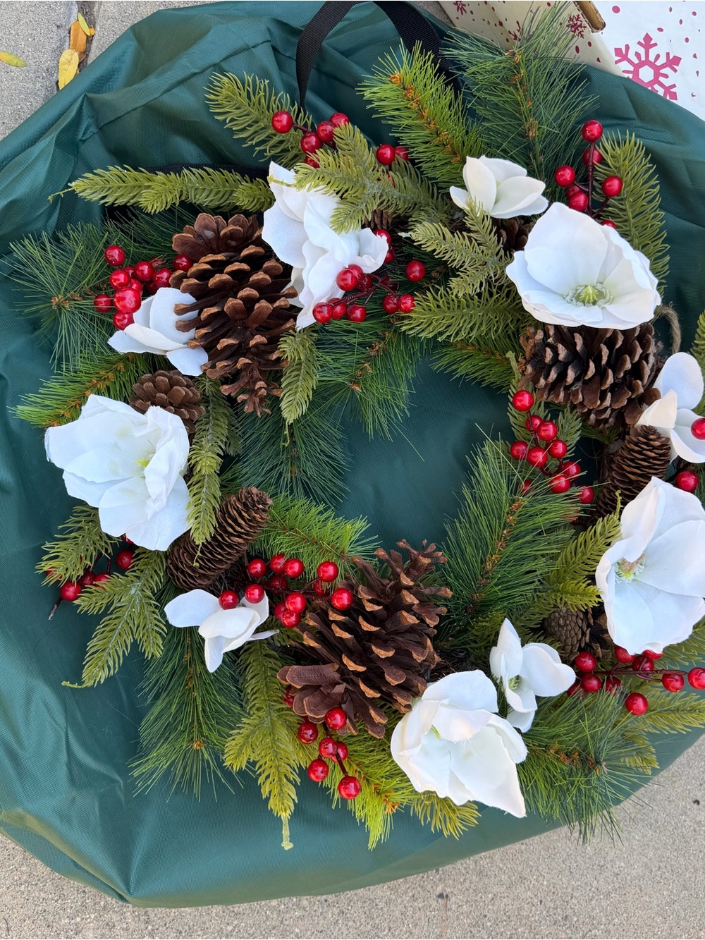 Holiday Pine & Pinecone Wreath with White Flowers and Red Berries